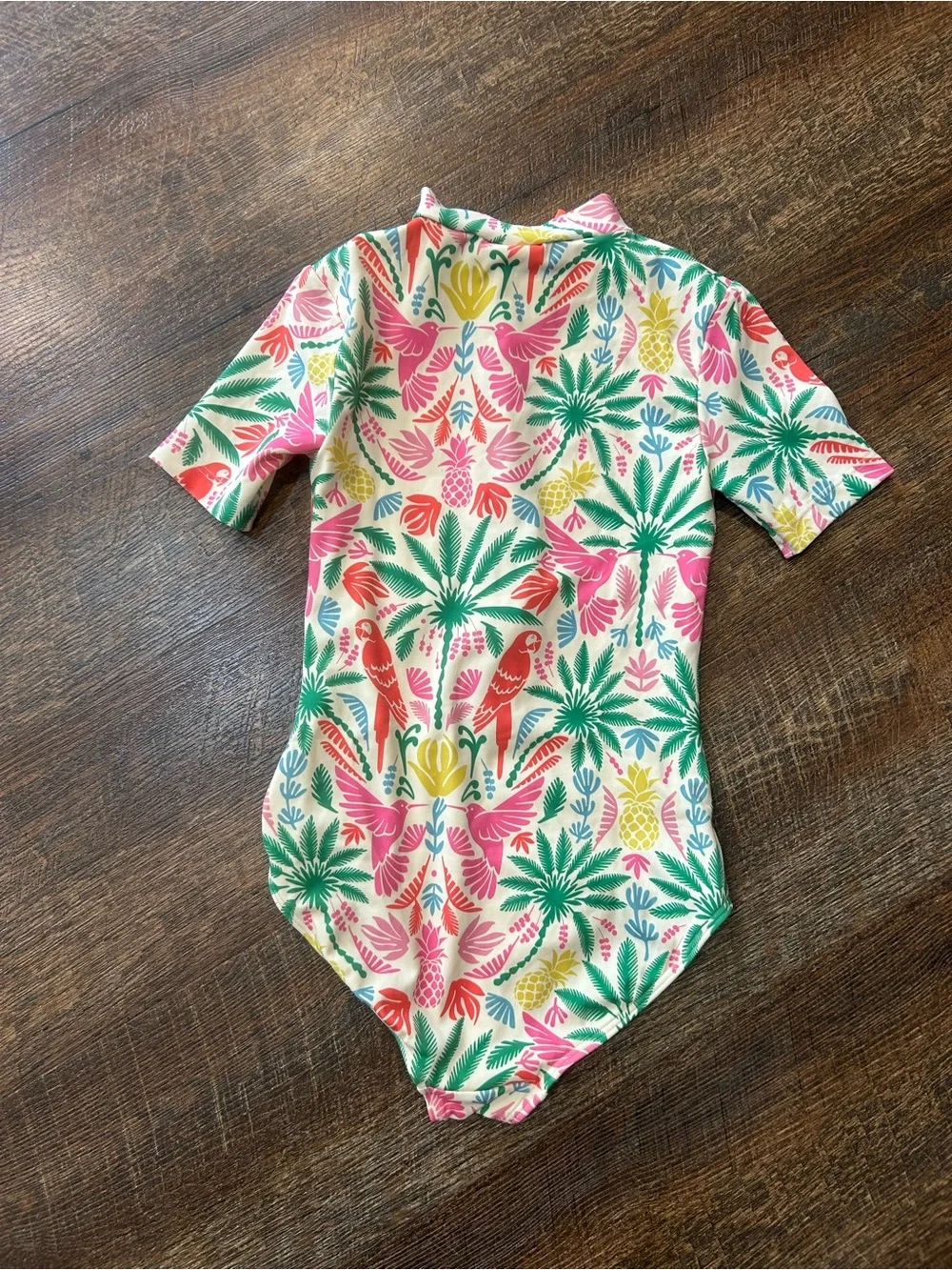 Boden Pink, Green & Yellow Tropical Parrot Short-Sleeve One-Piece Swimsuit